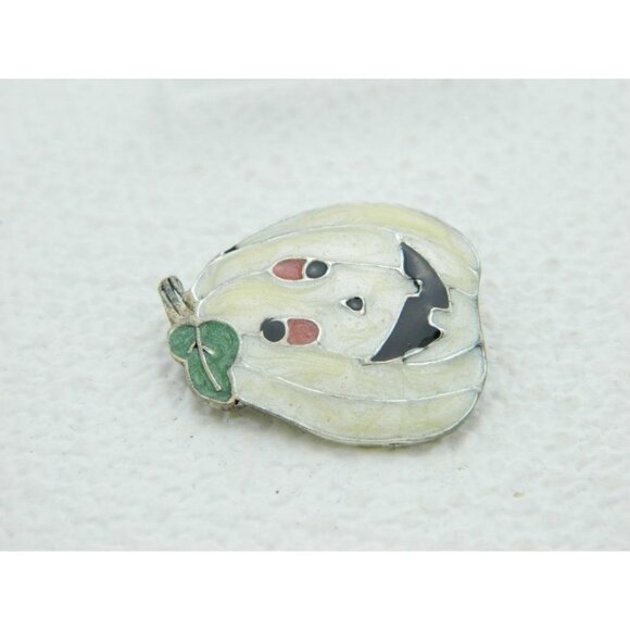 Vintage Halloween Goofy Eyed Pumpkin White Enamel - Picture 2 of 4